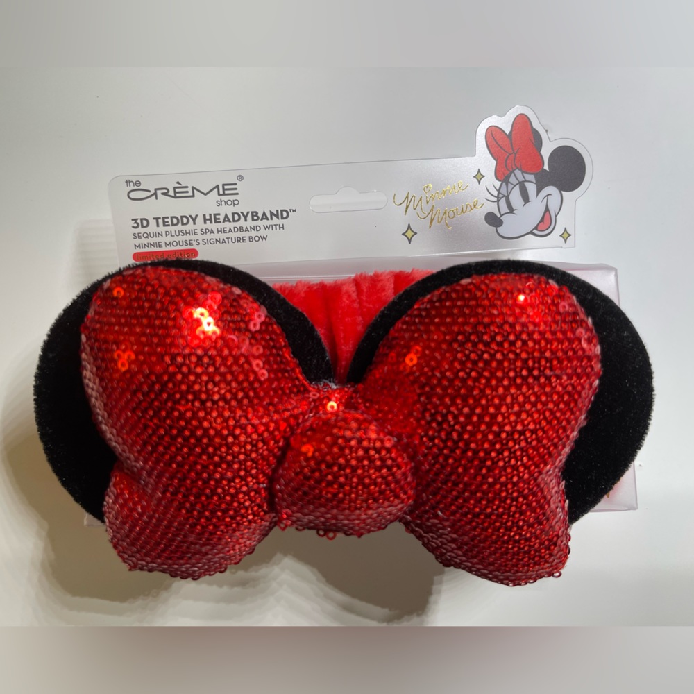 New Minnie Mouse Spa Headband with red sequins 3D Bow Plush Disney Bachelorette